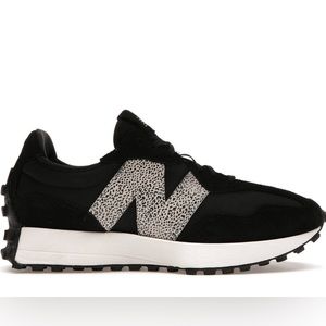 New Balance 327 sneakers in black with leopard detail, Size 10.5